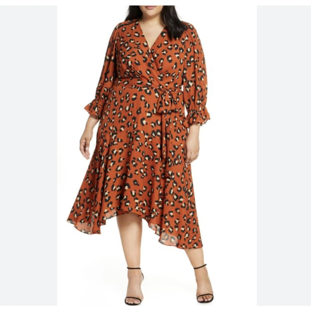TAHARI Faux Wrap Midi Dress In Spiced Leopard Orange Midi 24W